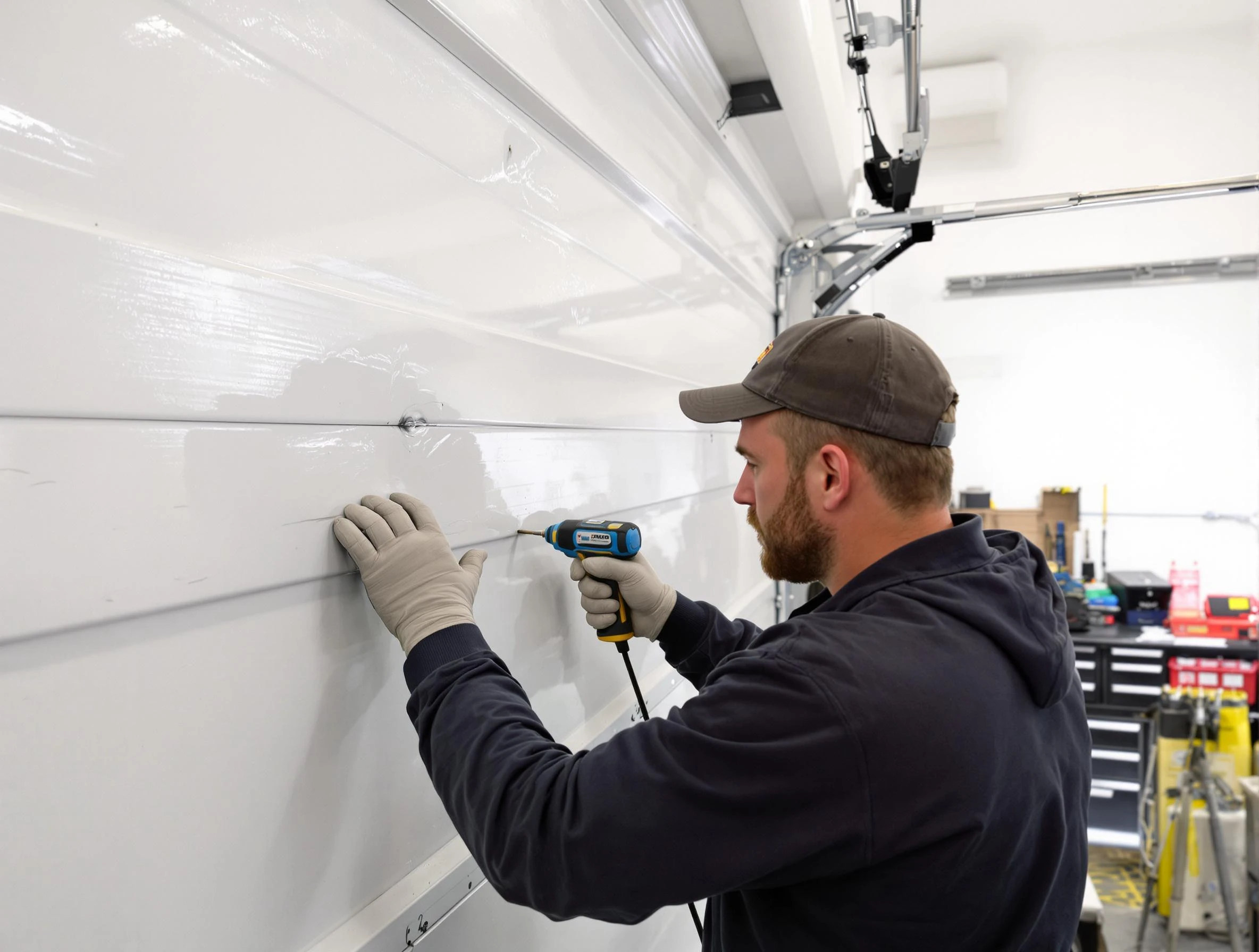 Superior Garage Door Repair technician demonstrating precision dent removal techniques on a Superior garage door