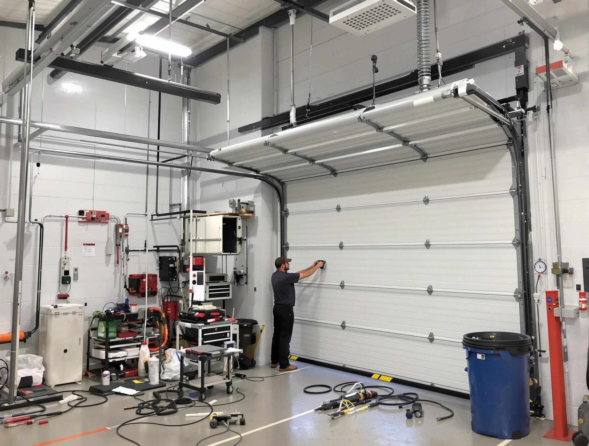Superior Garage Door Repair certified technician performing commercial door repair at a Superior business facility